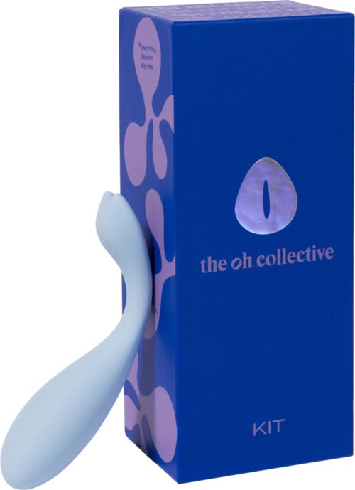 En vit enhet bredvid en blå låda märkt 'the oh collective KIT'.