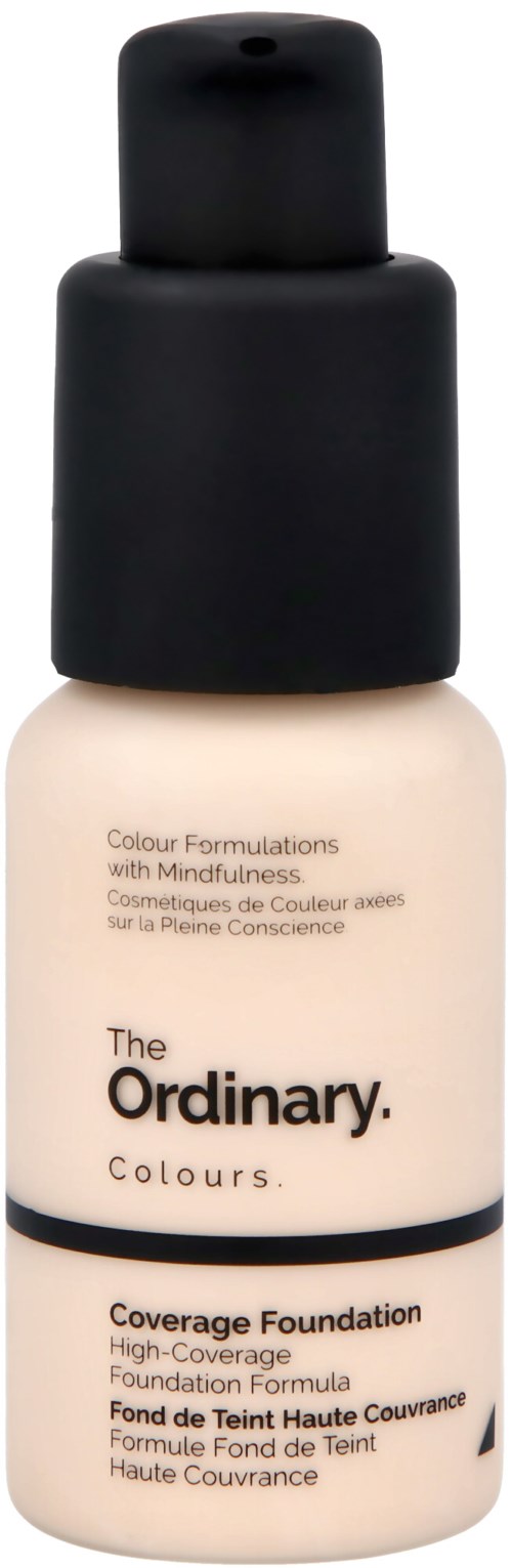 En flaska foundation med svart lock, märkt 'The Ordinary Colours' för täckande makeup.