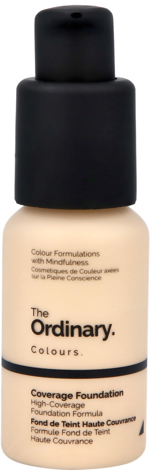 En flaska foundationmakeup med svart pump, märkt 'The Ordinary Colours' och 'Coverage Foundation'.