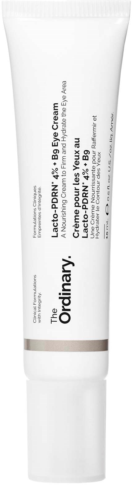 Eine weiße Tube von The Ordinary mit schwarzem Text für Augencreme.
