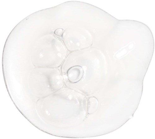 A clear, round, semi-thick gel or liquid with bubbles, shaped irregularly with a thick edge.