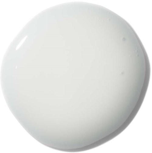 A white, round liquid drop with a smooth surface and slight shine.