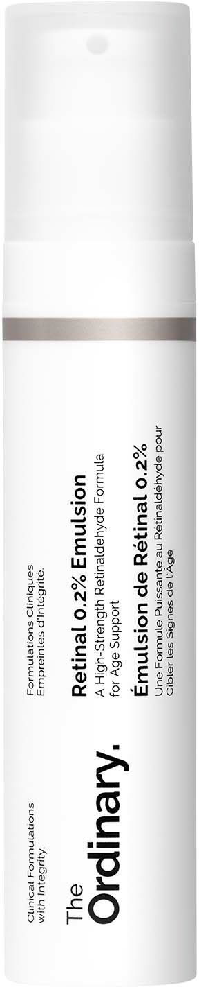 A white tube bottle with black and gray text, likely skincare or cosmetic product, labeled 'The Ordinary Retinal 0.2% Emulsion'.