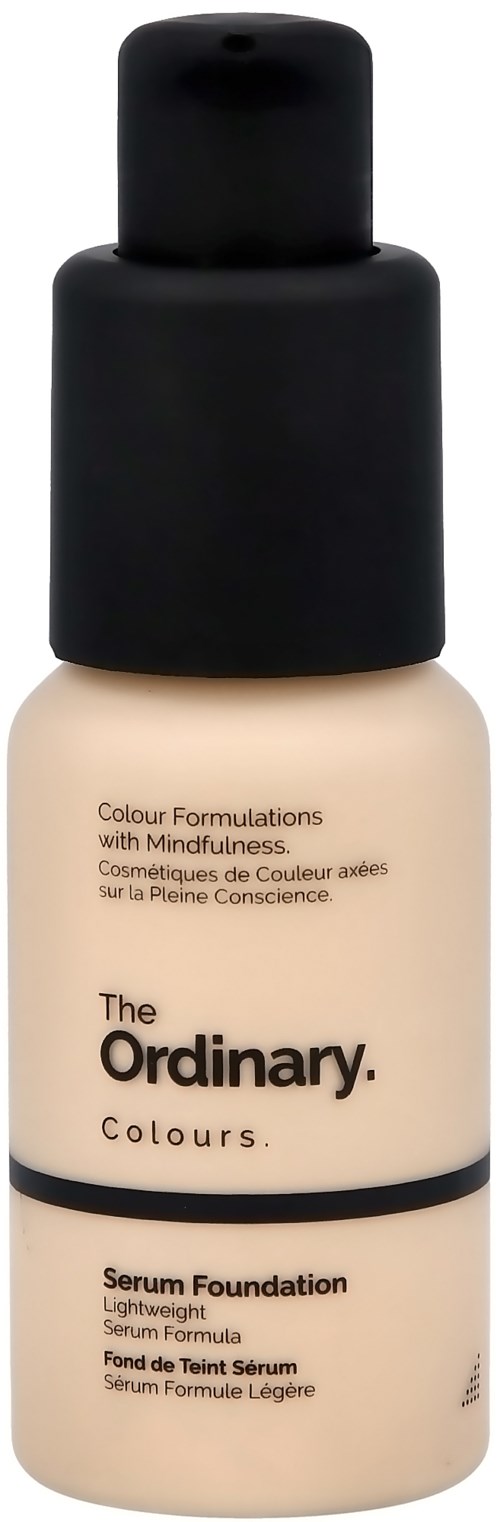 Beige pullo, jossa musta korkki ja etiketti, kertoo sen olevan The Ordinary -sarjan seerumipohja.