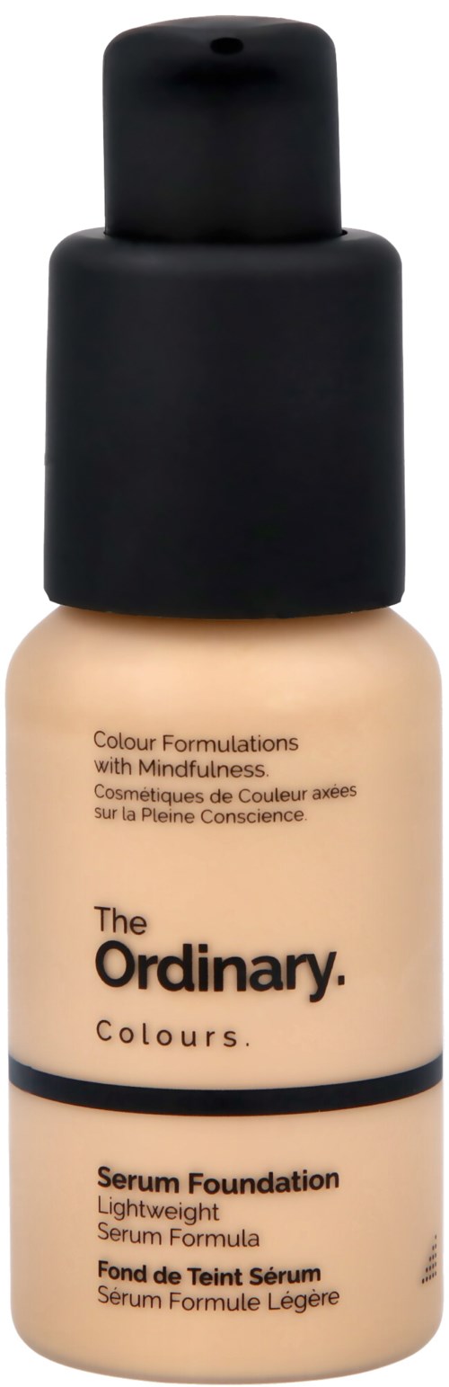 En flaska av The Ordinary serum foundation med svart lock och beige vätska inuti.
