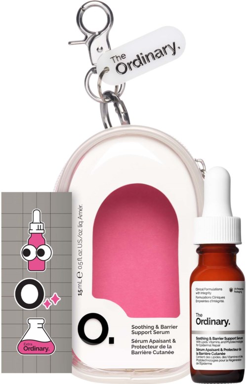 Hautpflege-Set enthält eine kleine Tasche, Serumflasche und eine Karte mit Cartoon-Bildern und Text über beruhigende Unterstützung.
