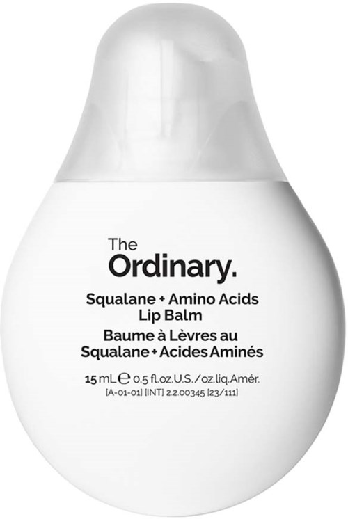 En vit flaska med rund topp, märkt "The Ordinary" Squalane + Amino Acids Lip Balm.
