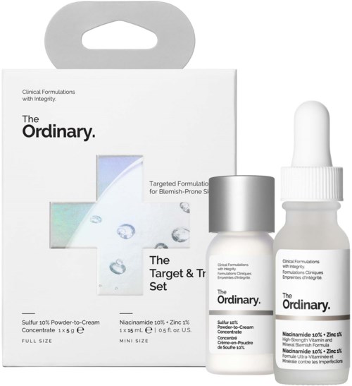 Hudvårdssats med två flaskor från The Ordinary för problemhud, inklusive serum och behandling.