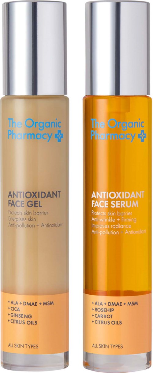 Dwie butelki do pielęgnacji skóry, żel do twarzy i serum od The Organic Pharmacy, zawierające aloes, cytrus i oleje.