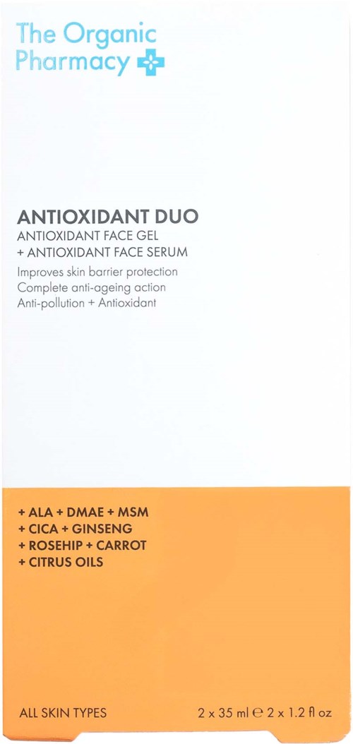 Etykieta marki dla żelu do twarzy 'Antioxidant Duo' z składnikami, takimi jak aloes, imbir i oleje cytrusowe.