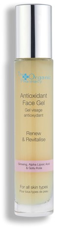 En klar flaska med silverkapsyl innehåller en ansiktsgel märkt 'Antioxidant Face Gel' för förnyelse och revitalisering av huden.