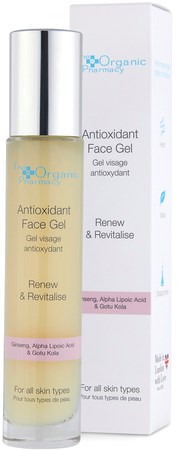 En tydlig flaska med antioxidant ansiktsgel med vit och rosa box bredvid, visar märket 'Organic Pharmacy'.