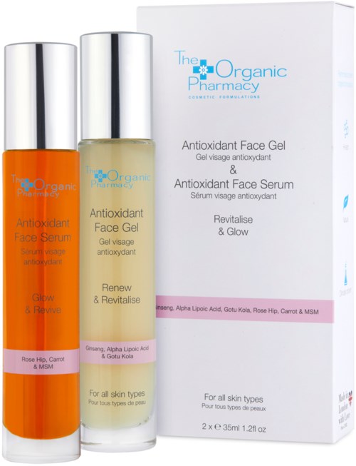 Två flaskor antioxidant ansiktsgel och serum bredvid en vit förpackning, allt för hudvård, lämpligt för alla hudtyper.