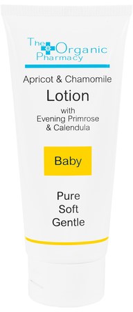 En vit lotionrör märkt för bebisar, med ingredienser som aprikos, kamomill, primula och kalendula. Beskriver mjukhet och försiktighet.
