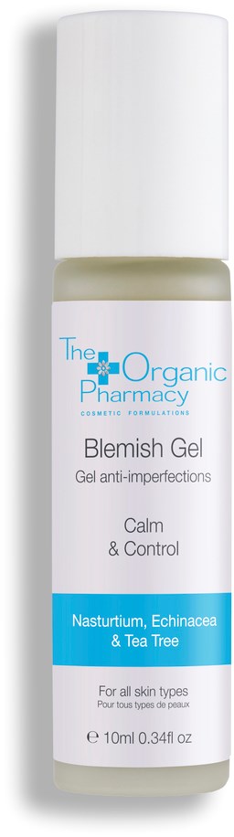 En vit flaska med en etikett för blekgel med tea tree, Echinacea och naturliga ingredienser för lugnande hud.