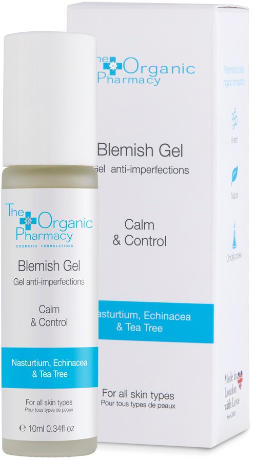 En vit flaska med Blemish Gel med blå och grå accenter bredvid sin förpackning, som visar produktens namn och ingredienser.