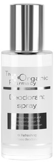 Tydlig sprayflaska med metallock, märkt 'The Organic Pharmacy' och 'Deodorant Spray.'