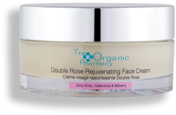 En tydlig burk med ansiktskräm märkt 'Double Rose Rejuvenating Face Cream', med rosa, lila och gröna ingredienser.