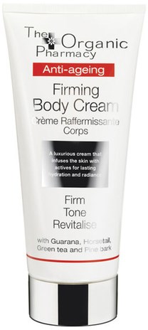 En vit tub med svart, röd och grå text som marknadsför anti-aging, åtdragande kroppskräm med naturliga ingredienser.