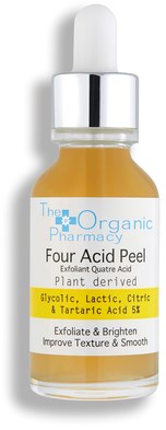 Lille flaske med pipette, mærket 'Four Acid Peel' til hudafskrabning. Indeholder syrer som glykolsyre og tartarsyre.