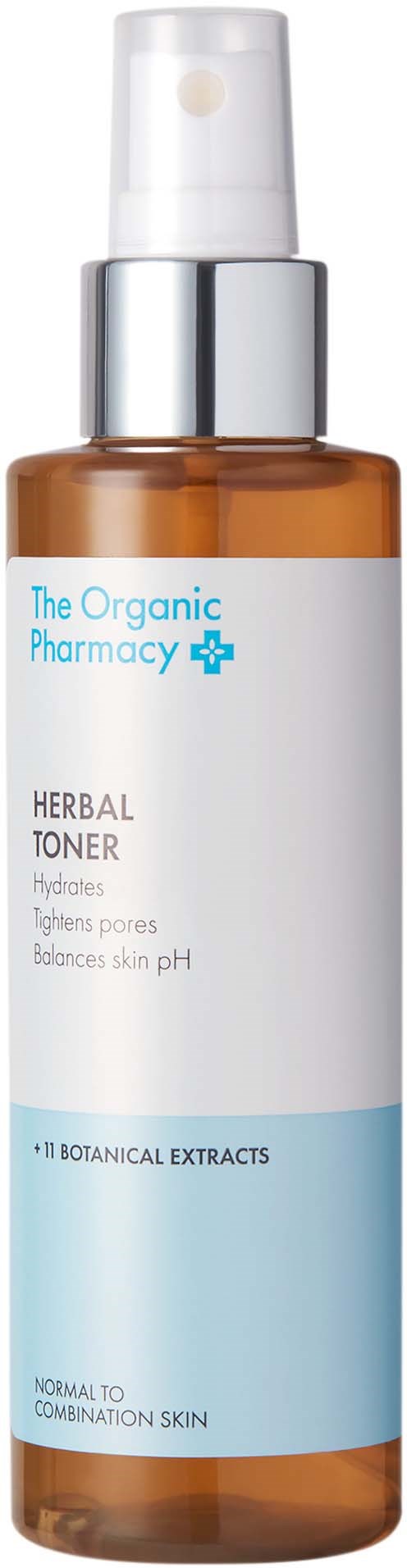 Ruskea pullo valkoisella etiketeillä ja suihkepäällä, merkitty 'Herbal Toner' ihon kiristämiseksi ja tasapainottamiseksi.