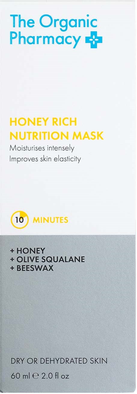 En hudpleieprodukter merket 'Honey Rich Nutrition Mask' fra The Organic Pharmacy, designet for å fukte og forbedre hudens elastisitet.