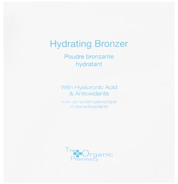 Text som beskriver en återfuktande bronzer med hyaluronsyra och antioxidanter från The Organic Pharmacy.
