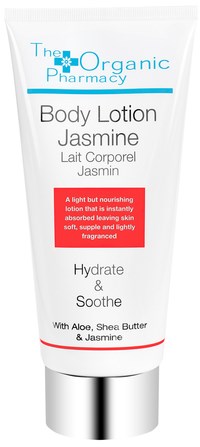 En vit tub med jasmin kroppslotion med silverlock, nämner aloe, sheasmör och jasmin ingredienser.