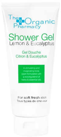 En vit duschtvål med doft av citron och eucalyptus, med grön och blå text och en grön etikett.