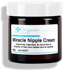 En burk märkt 'Miracle Nipple Cream' med innehållsförteckning och vit lock.