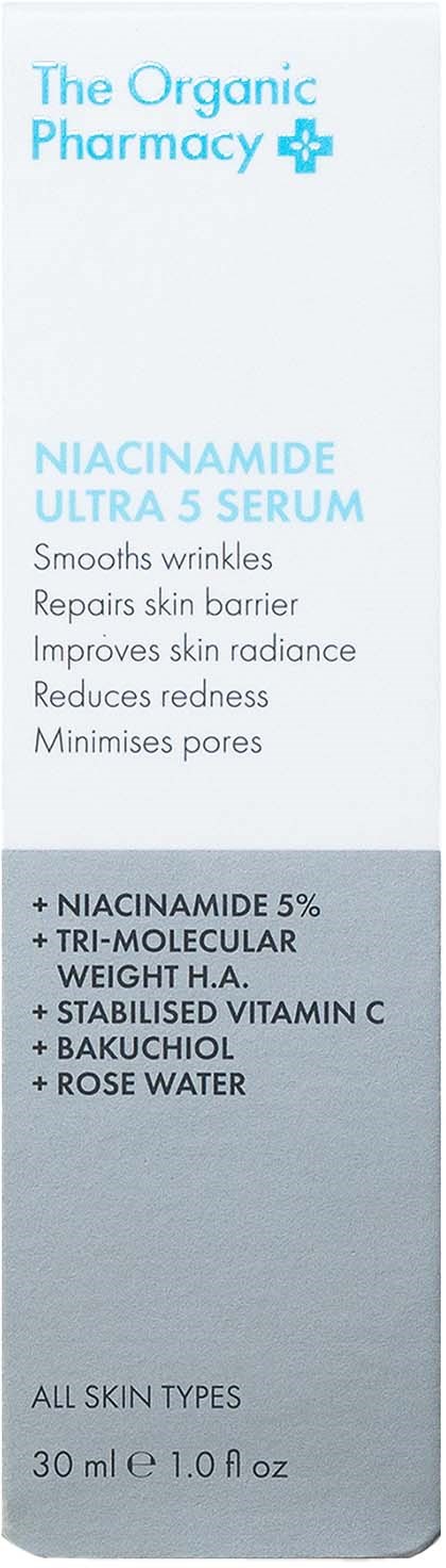 Etiketten for Niacinamide Ultra 5 Serum fremhever fordeler og ingredienser for hudpleie.