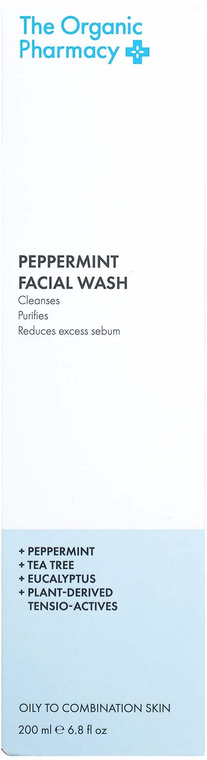 Ein weiß-blaues Etikett für Peppermint Facial Wash von The Organic Pharmacy mit Inhaltsstoffen wie Pfefferminze, Teebaum und Eukalyptus.