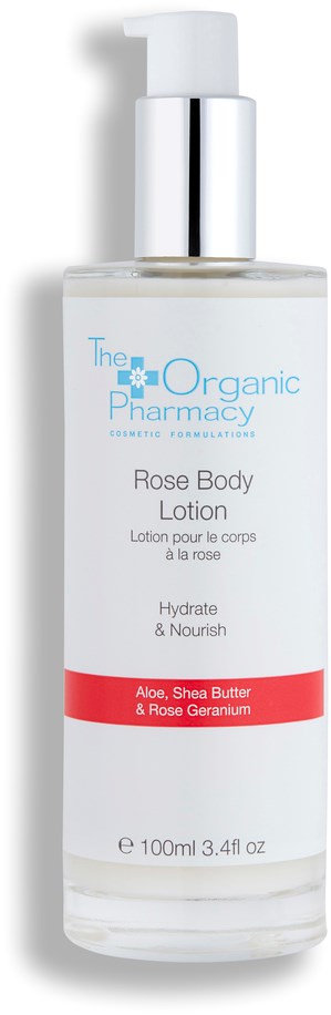 Eine klare Flasche mit weißer Lotion, silberner Pumpe und Etikett mit Rosen-Duft und Inhaltsstoffen wie Aloe und Sheabutter.