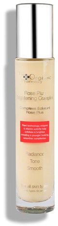 En klar glassflaske med hvitt og sølvlokk, merket Rose Plus Toning Complex og Radiance Tone Smooth.