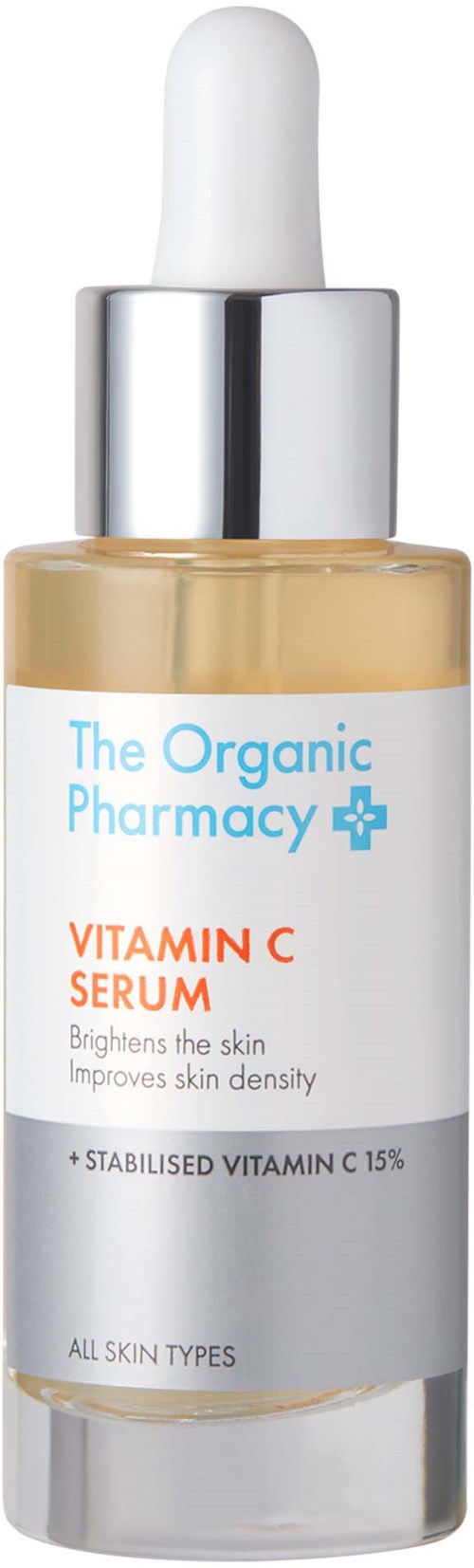 Dropper bottle with a white and silver cap, labeled as Vitamin C Serum for skin brightness and improvement.