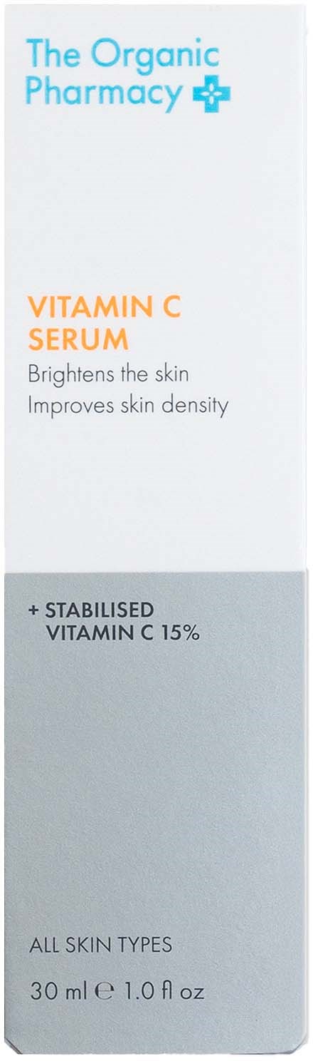 A box for a vitamin C serum, small and white, with blue and orange text, offering skin brightening and density benefits.