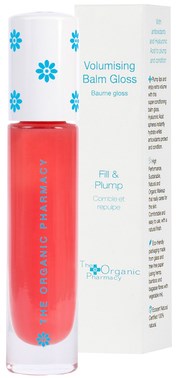 En läppglansrör med rosa färg och blå blomma, märkt 'Volumising Balm Gloss' och 'Fill & Plump'.