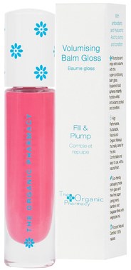 En rosa tub med läppglans bredvid en vit box med texten 'Volumising Balm Gloss' med blå bokstäver och blommönster.