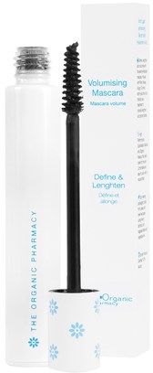 En mascara-flaska med borsten utanför, bredvid en box med blå text och blommiga symboler.