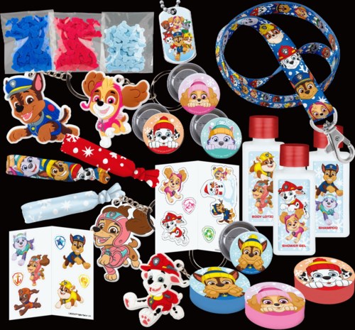 Paw Patrol-themed accessories, toys, badges, and toiletries for children, featuring colorful characters and symbols.