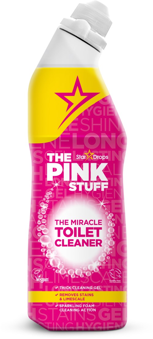 Pink und gelbe Flasche von The Pink Stuff Toilettenreiniger mit Sternlogo und Produktdetails, einschließlich Duft und Reinigungsfunktionen.
