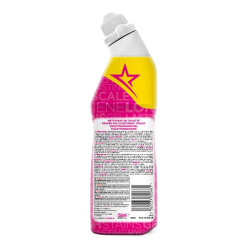 Eine rosa und gelbe Flasche mit Reinigungsprodukt, Schraubverschluss und Stern-Logo auf dem Etikett.