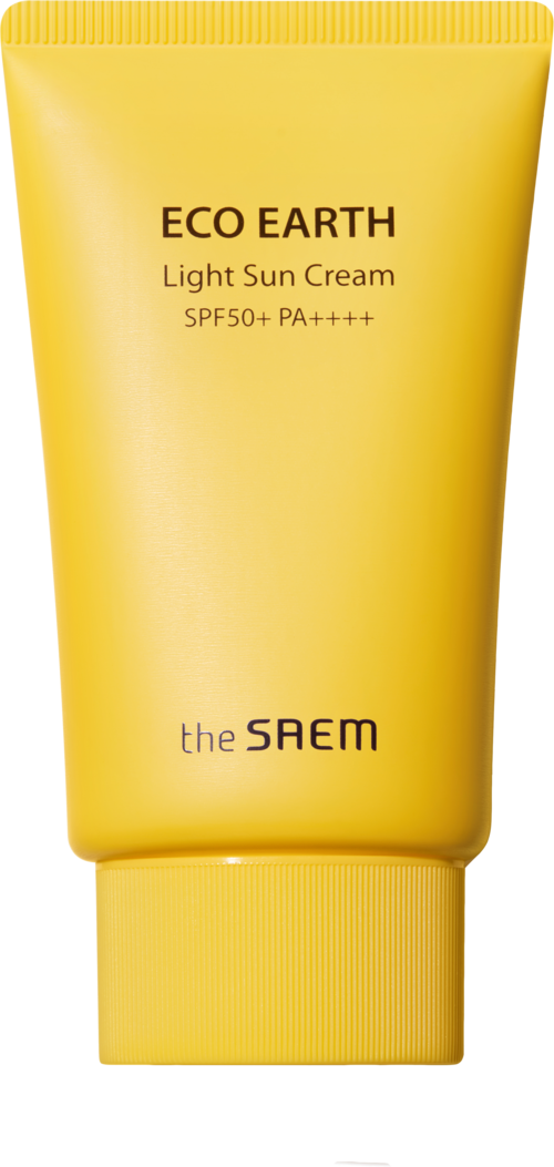 Gul tub märkt Eco Earth Light Sun Cream SPF50+. Märket är The Saem.