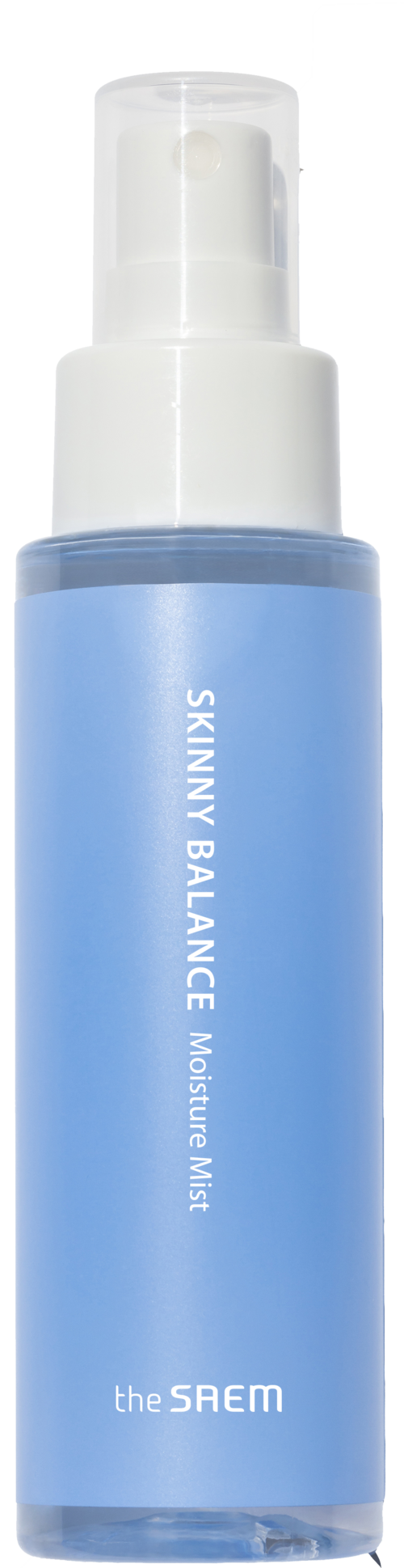 En lyseblå flaske mærket 'Skinny Balance Moisture Mist' af the SAEM, med spray på toppen.