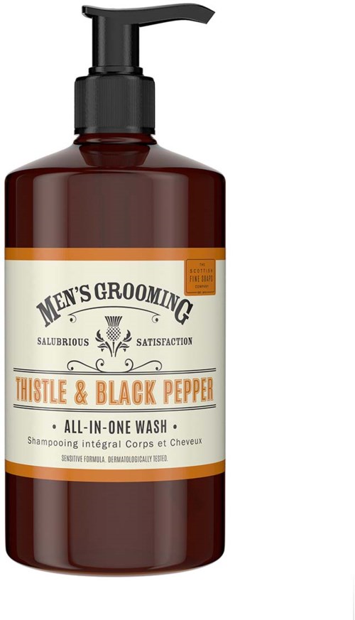A brown bottle with a black pump contains men's grooming shampoo with thyme and black pepper scent.