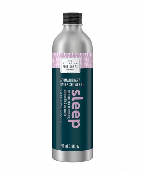 En silverflaska med aromaterapibadlödungegel för sömn, med rosa och teal etiketter, 250 ml storlek.