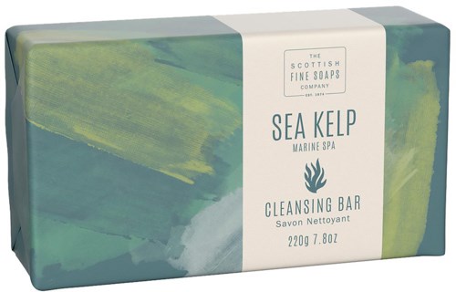 A soap bar called Sea Kelp from the Scottish Fine Soap Company, with green and white packaging, weighing 220g.
