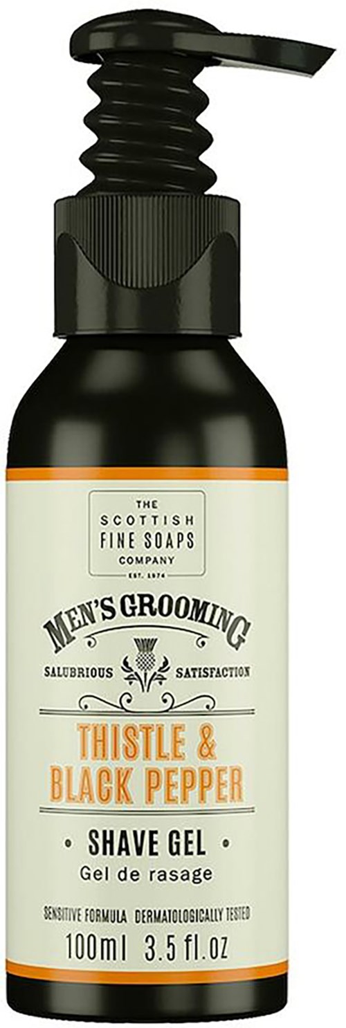 En svart flaska med pump, märkt som herrvårdsrakhyvelgel med timjan och svartpeppar, 100 ml.