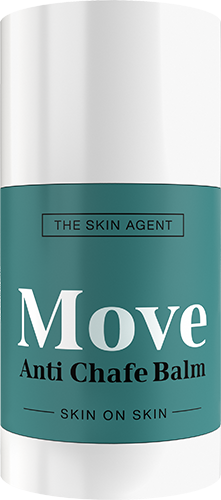 A teal bottle labeled 'Move Anti Chafe Balm' with a white cap. It is for skin care.