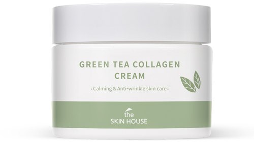 En hvit krukke merket 'Green Tea Collagen Cream' med grønne detaljer og et bladsymbol, for hudpleie.